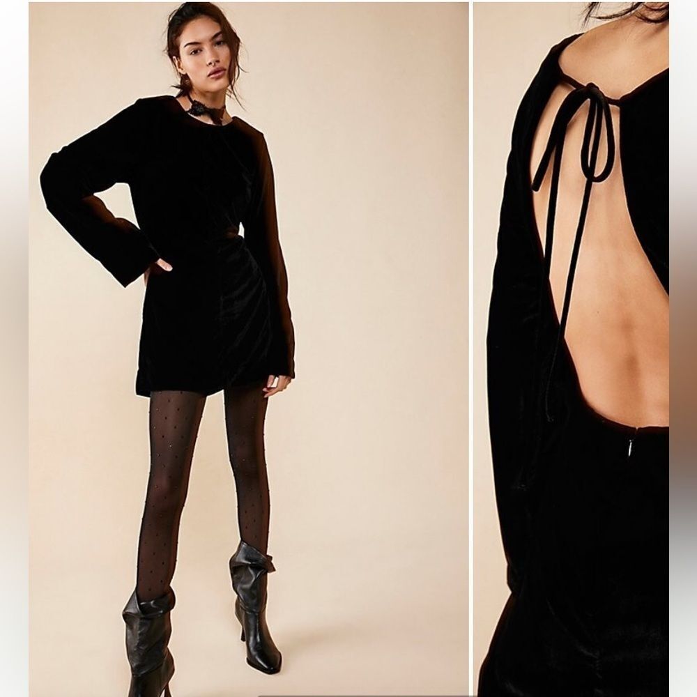 Free People Chelsey Mini Dress Open Back Black Velvet Sz M